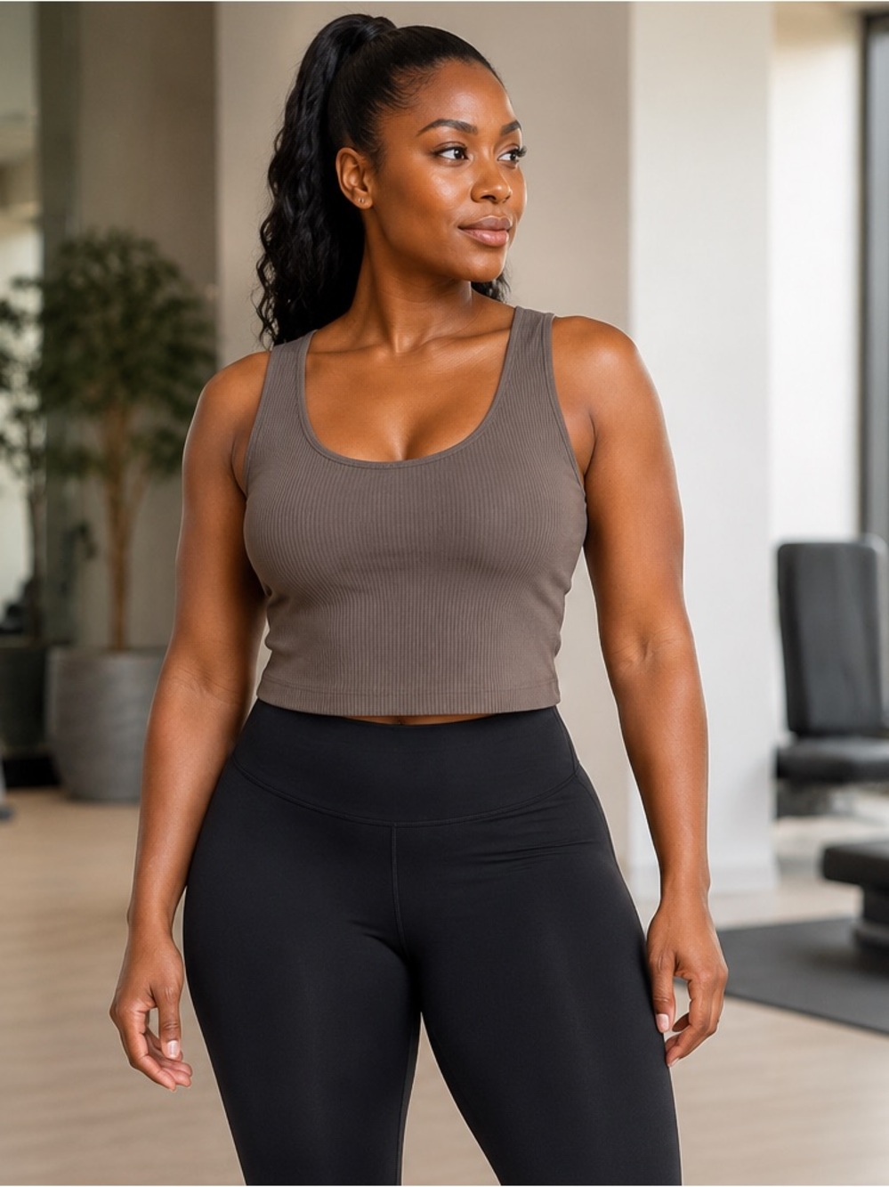 CALIA Taupe Ribbed Racerback Cropped Tank Top Built-In Bra Size L